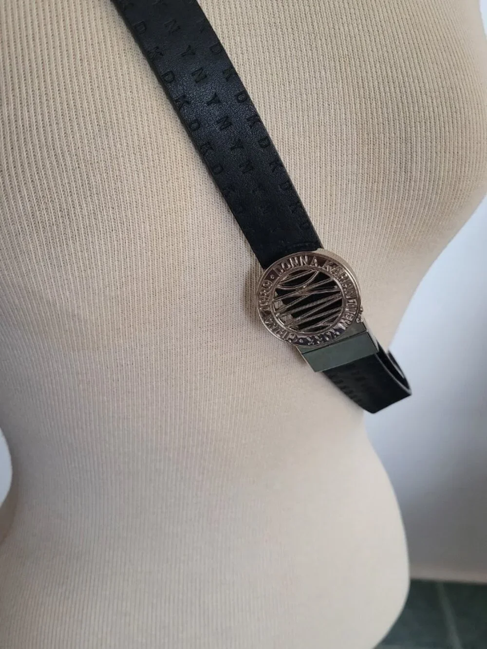 DKNY Black Logo w/Smooth B Silver Logo Buckle Belt (Size: S/M)